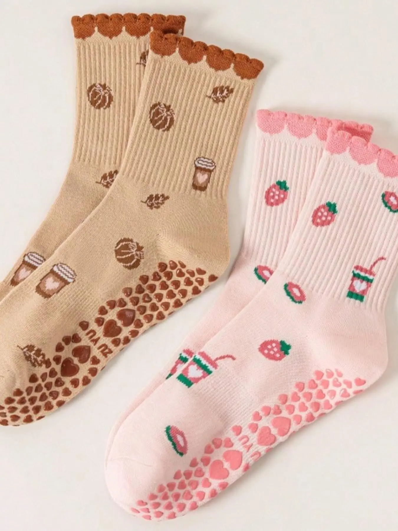 6 Pairs Cute Strawberry Cake Pattern Yoga Socks, Lace Trim Mid-Calf Sports Socks, Non-Slip Silicone Sole Grip Sock, Breathable, All Seasons