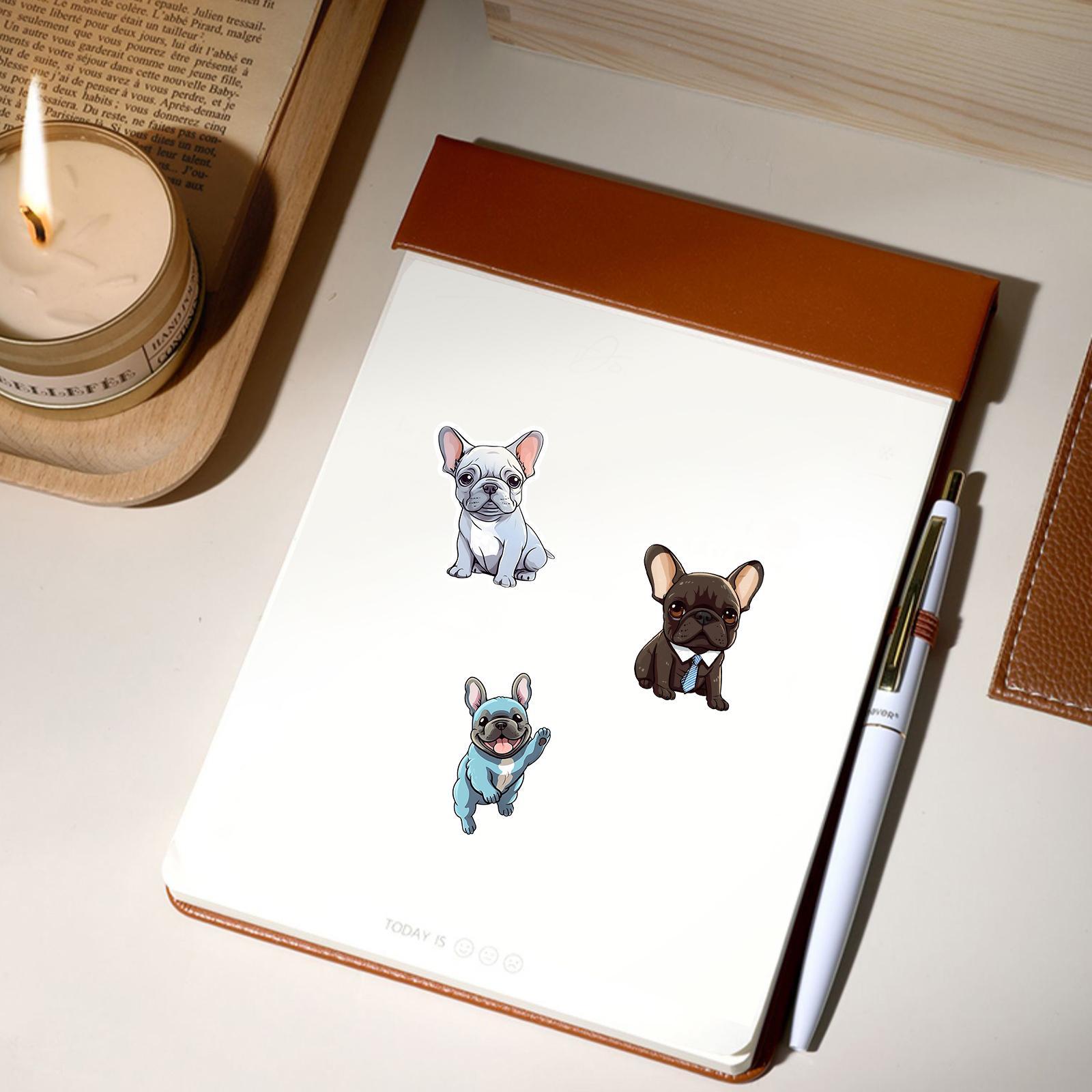 Cartoon French Dog Pattern Sticker, 50pcs Waterproof Self Adhesive Decor Paper, Decor Sticker for Gift Greeting Card Water Bottle Laptop Phone, Funny Stickers
