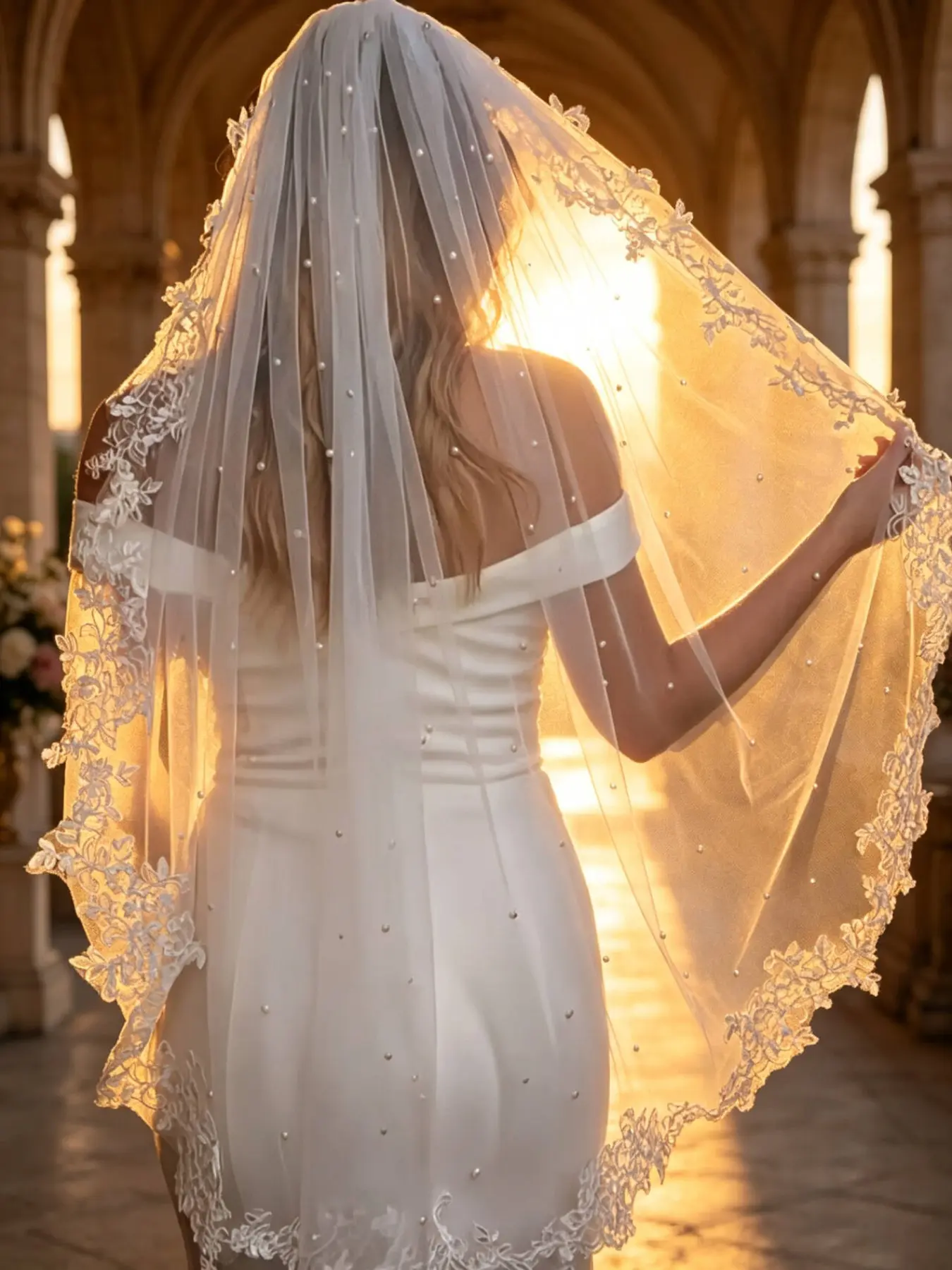 Luxurious 1m mid-length bridal veil with pearl and lace trim，Elegant bridal veil made of high-quality tulle，Adorned with floral lace edging，Suitable for wedding ceremonies and bridal photography