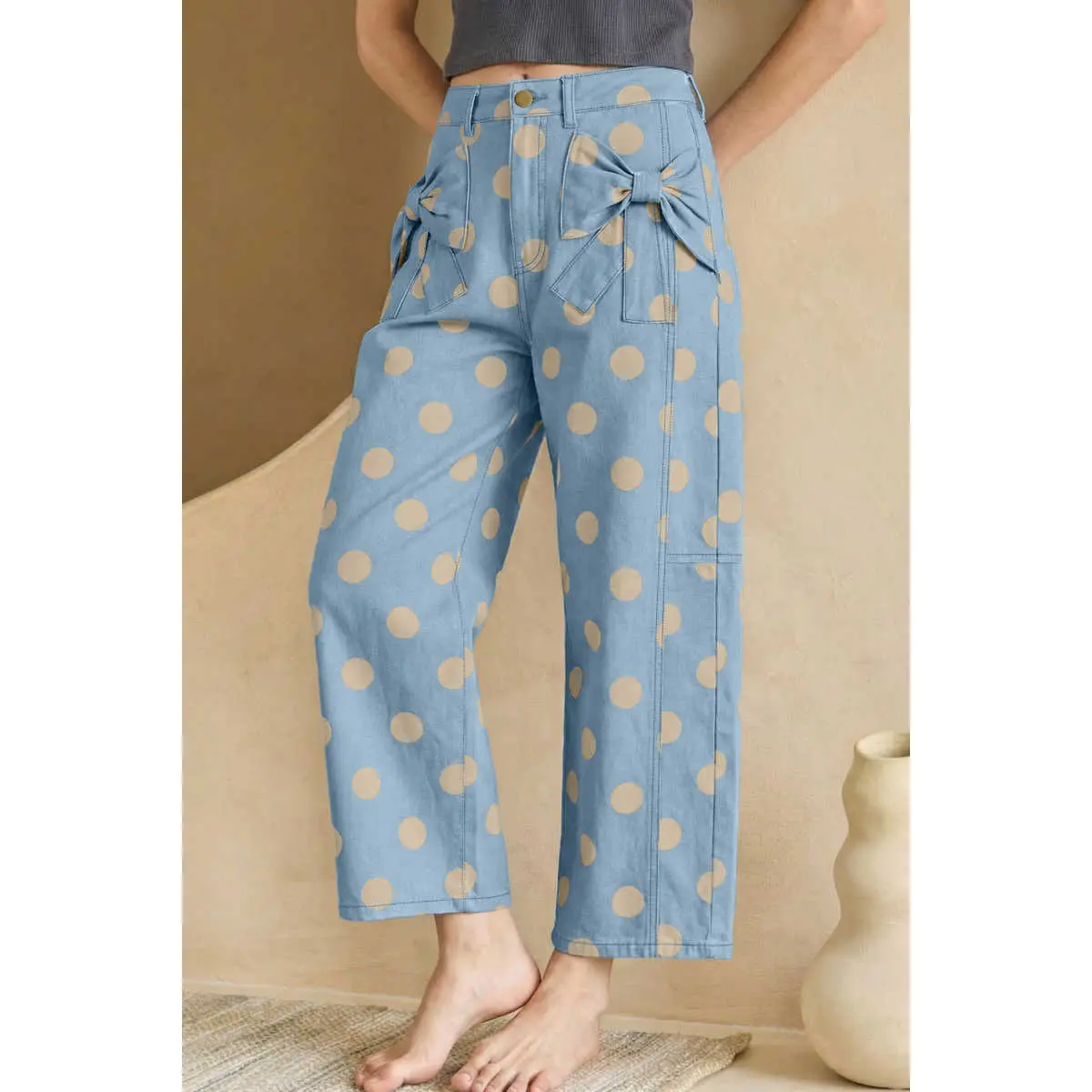 Sky Blue Polka Dot Print Bow Detail Pocketed Jeans