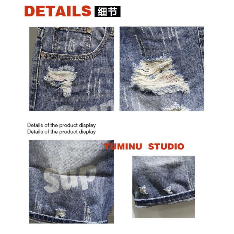 Men's Ripped Denim Shorts for Summer  Personality versatile cropped pants in cotton fabric, casual street style ee blue Korean Loose Original Streetwear Design