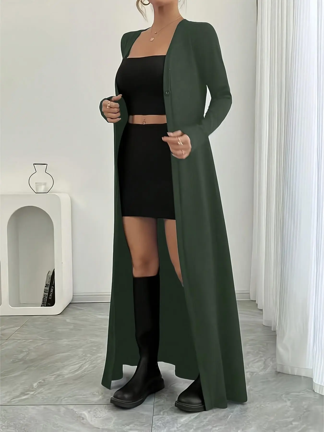 Women's Solid Color Long Sleeve Cardigan, Fall New Slim Fit Skinny Long Knit Sweater Coat, Casual Office Wear Outerwear