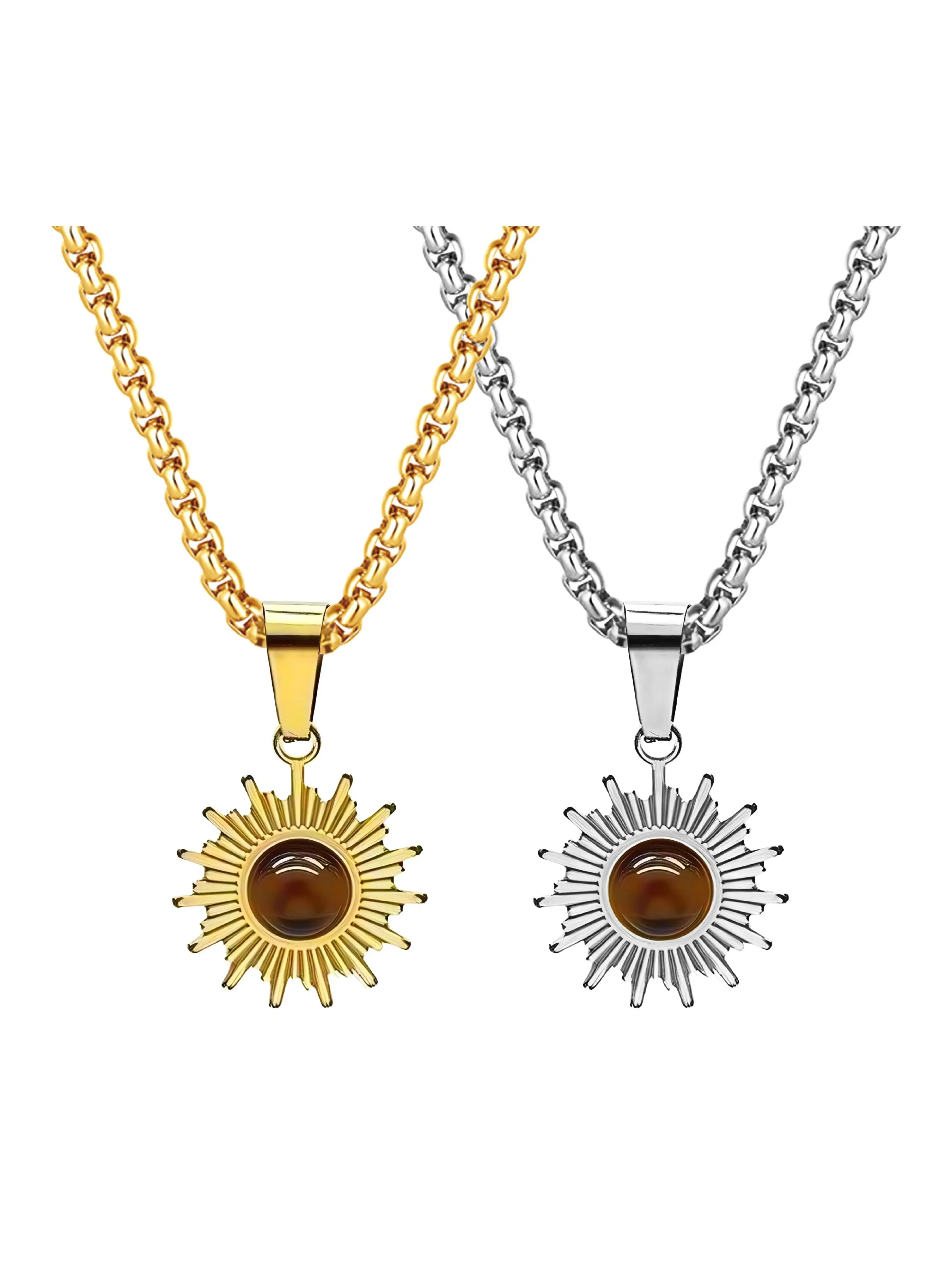 Unisex Stainless Steel Sunstone Pendant Necklace Set, Trendy Hip-Hop Jewelry, Perfect Gift for Any Occasion, Daily Wear Accessory