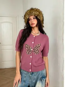 American Retro Y2K Leopard Print Butterfly Short Sleeve Knit Cardigan, Slim Fit Round Neck Thin Top, Casual Fashion Outerwear