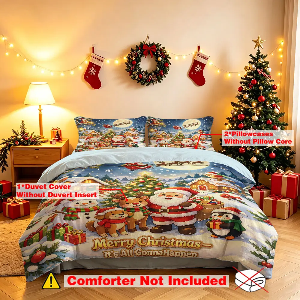 3 piece of Christmas Duvet Cover Set(1 Duvet Cover + 2 Pillowcases, No Filler), Santa Claus & Reindeer Christmas Theme Print, Soft Holiday Bedding For Bedroom Dorm Hotel Xmas Festival Home Decor
