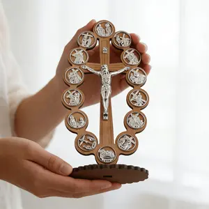 14 Stations of the Cross Wooden Crucifix, Tabletop Catholic Altar Cross, Silver Color Medallions, Religious Decor, Baptism Gift