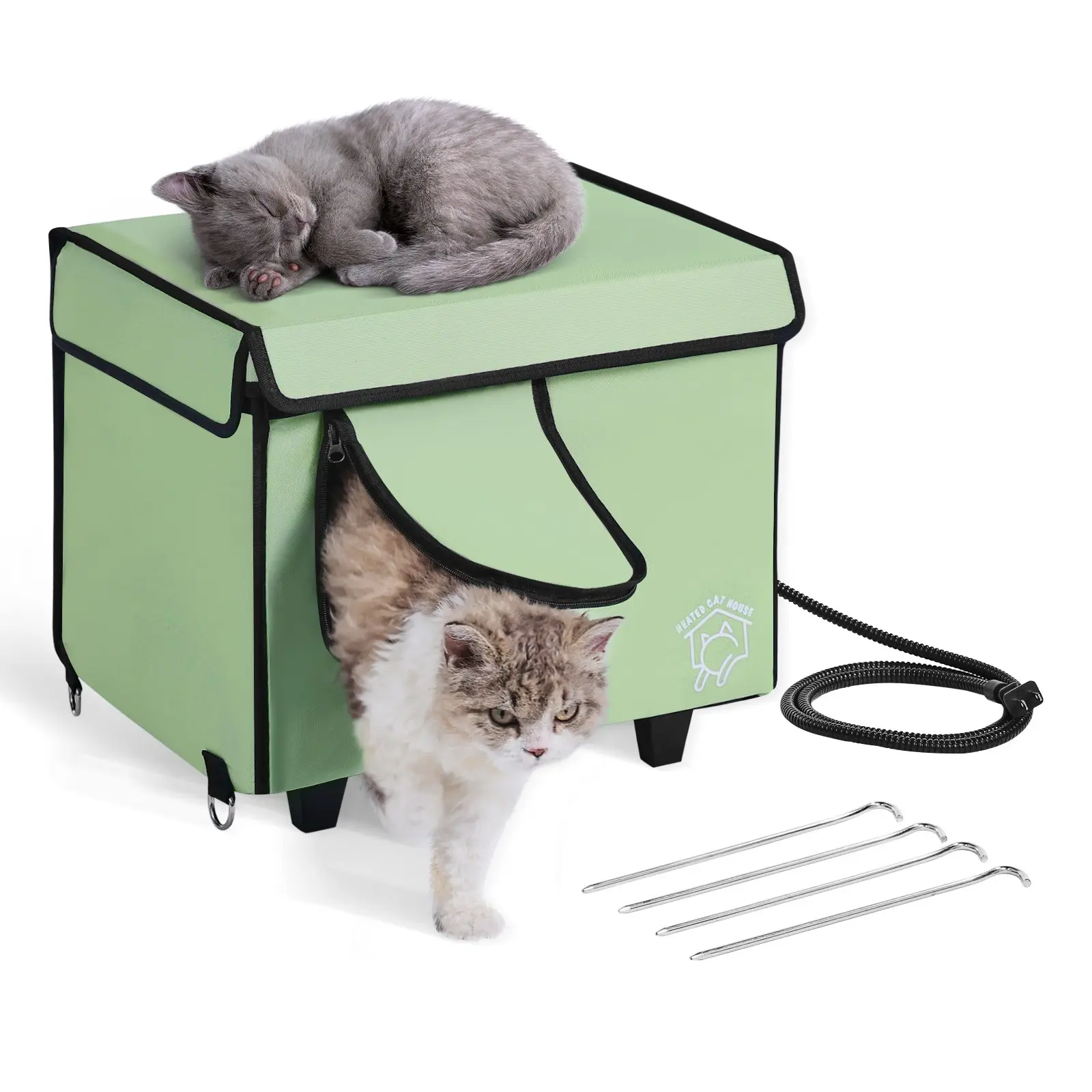 VEVOR Small Green Foldable Waterproof Elevated Heated Cat House, 900D Oxford Cloth Cuboid Kitty Shelter with Adjustable Heat Control, Timer & Heated Pad for Winter Warmth Boost