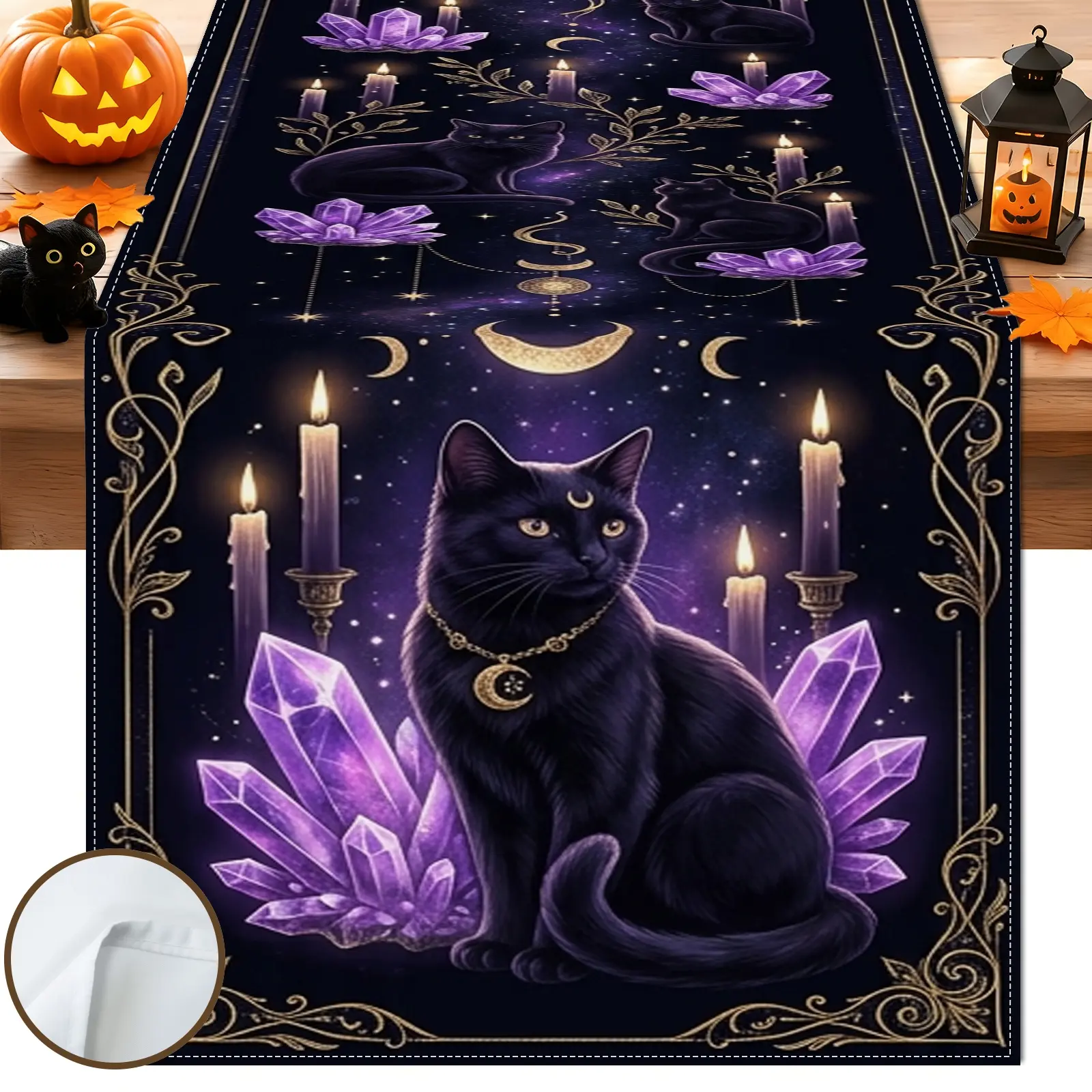 1pc Black Cat Crystal Moon Table Runner, Gothic Vintage Style, Floral Border and Candle Design, for Dining Table Kitchen Decor Home Decor Halloween Party