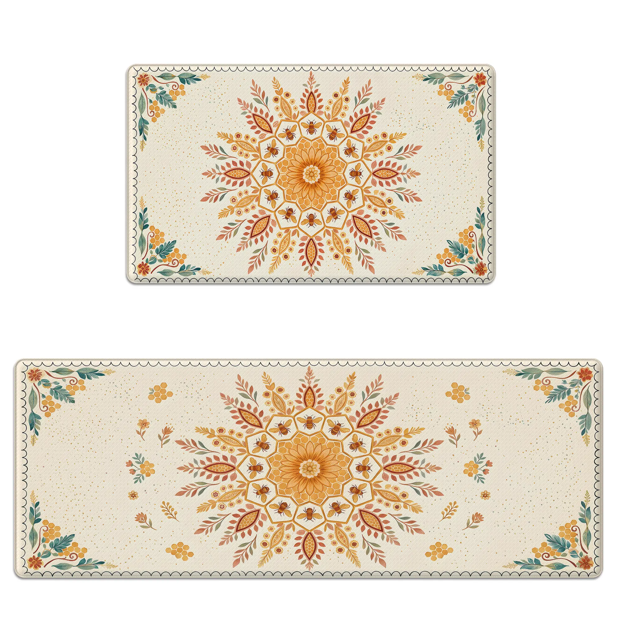 Kitchen Rug Set of 2 Anti-Fatigue Cushioned Memory Foam Kitchen Mat Non-Slip Scratch-Resistant & Waterproof Honeycomb Bee Mandala Floral Floor Mats