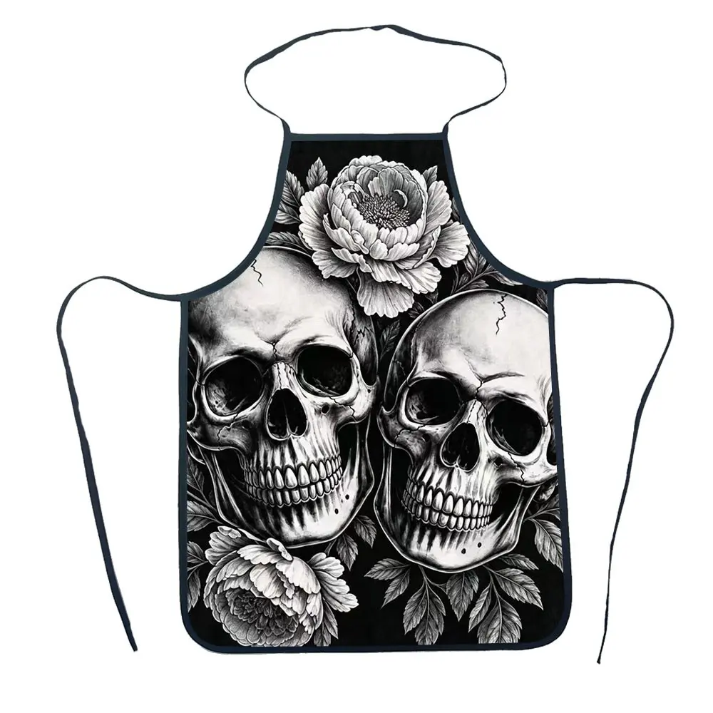 Horror Gothic Skull Apron, Peony Flowers Chef Kitchen Cooking Apron, BBQ Halloween Party Decorations, 1 PC