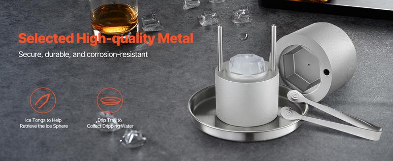 VEVOR Ice Diamond Press, 2.4" Ball Maker, Aviation Aluminum Kit With Tong and Drip Tray for Whiskey, Cocktail, Bourbon, Scot on Party & Holiday
