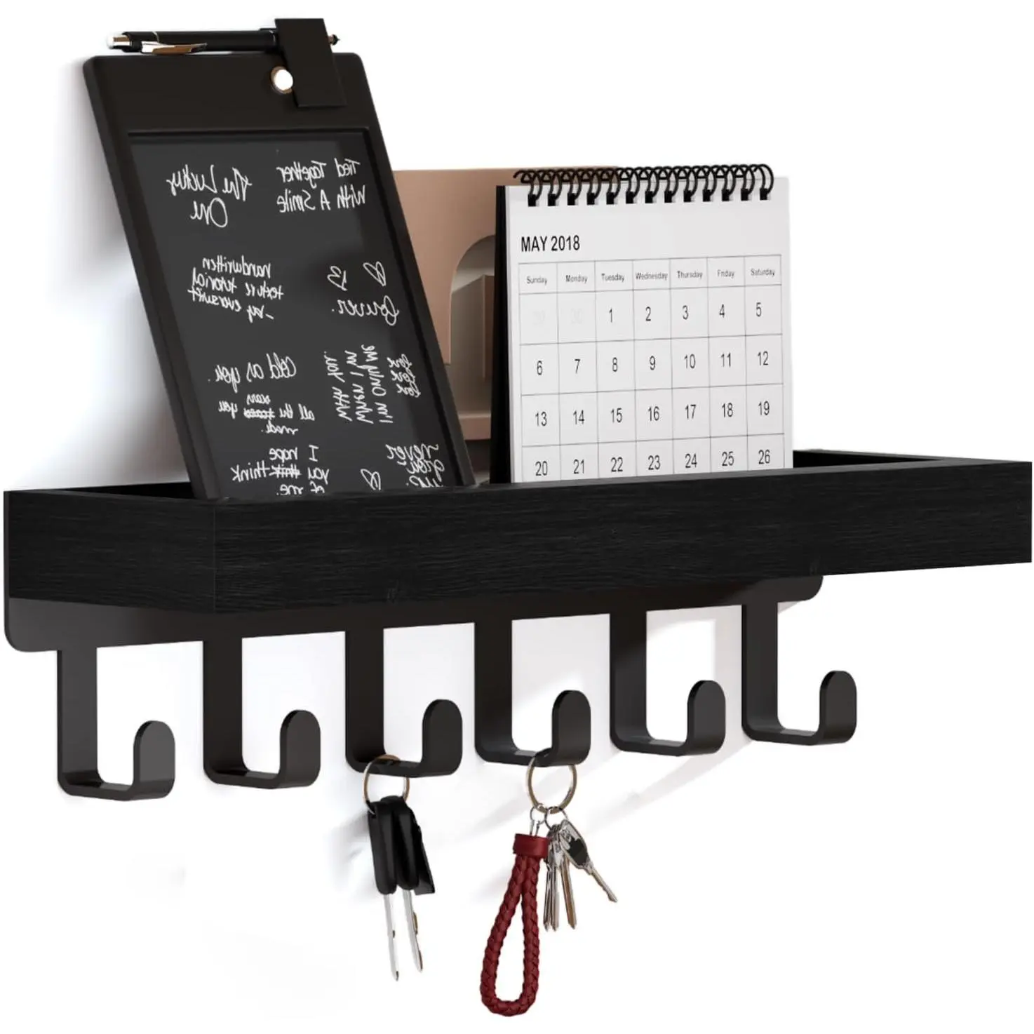 Modern Compact Wooden Wall Mount Key Holder - Functional Multi-Use Key Rack with 6 Hooks, Mail Organizer & Shelf, 2 Installation Ways for Entryways Home Decor, Black