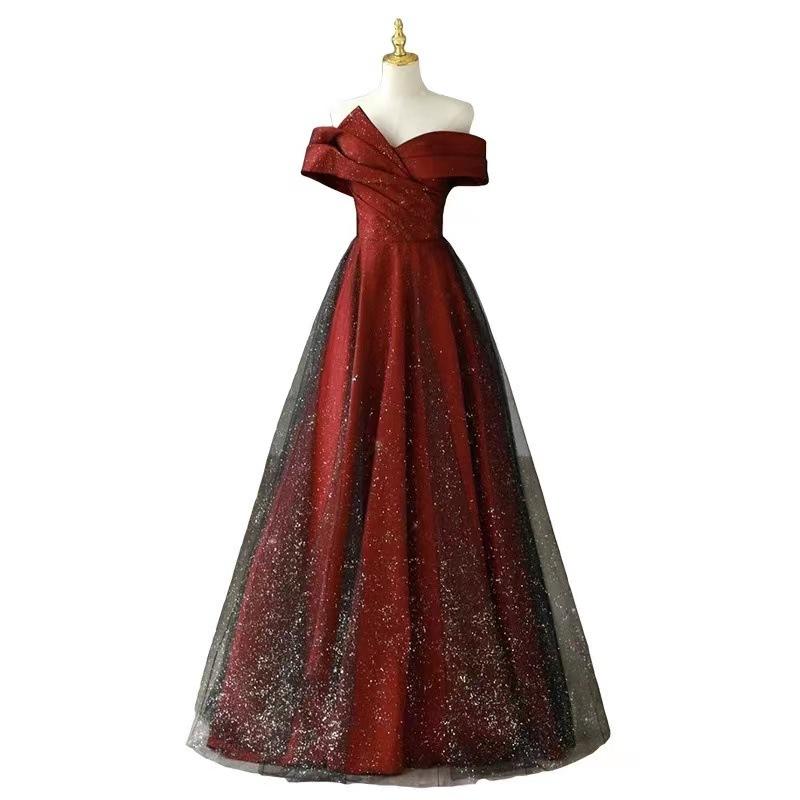 2026 New Autumn Red Toast Dress for Bride, One-Shoulder, Noble, Simple, Elegant, Slim-Fit and Skin-Brightening