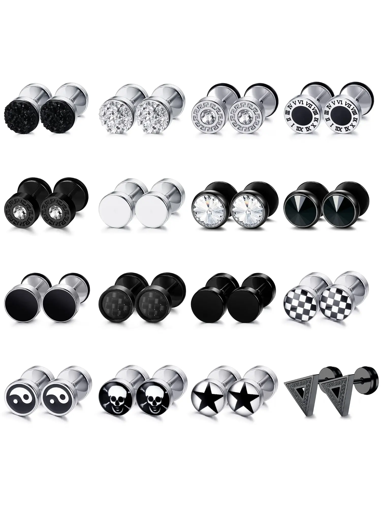16 Pairs Stylish Jet Black Multi-Shape 303 Surgical Steel Gothic Stud Earring Bundle for Men Women Matte Solid Black Flat Circle Earrings Edgy Retro Gothic Sculpted Charms Tiny Gem-Accented Statement Stud Sets Subtle Shimmering Dark Ear Adornment