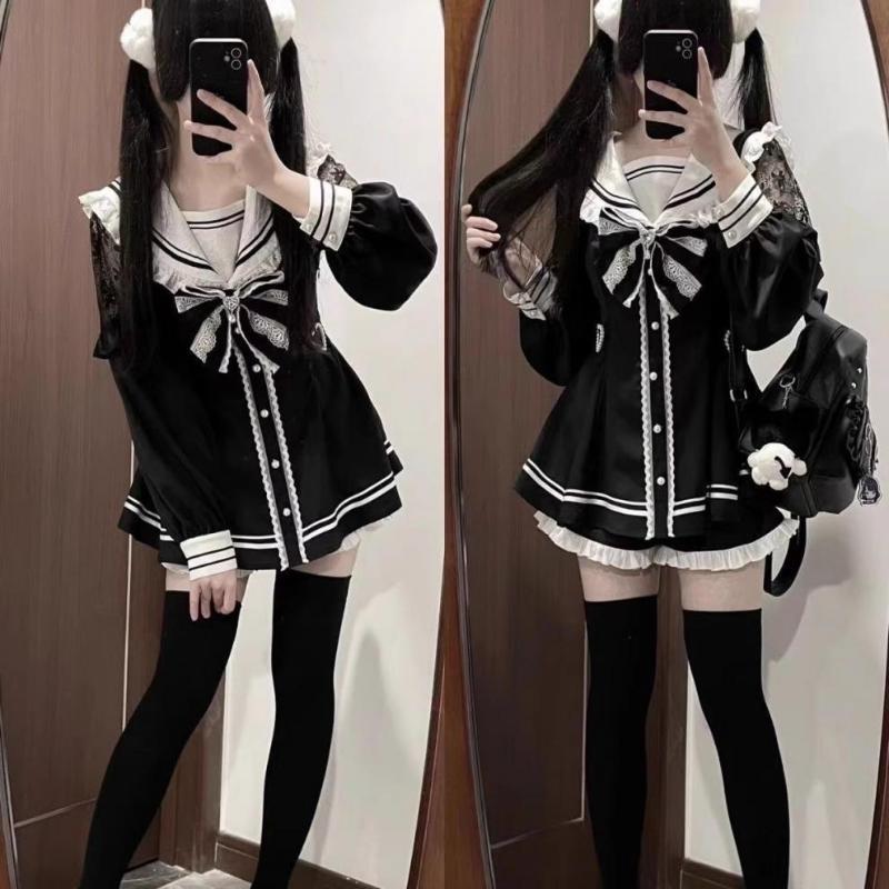 Jirai Kei Sailor Black Dress Lace Patchwork Slim Fit Dresses Japanese Sweet Inner Shorts Set JK School Uniform for Women Girls