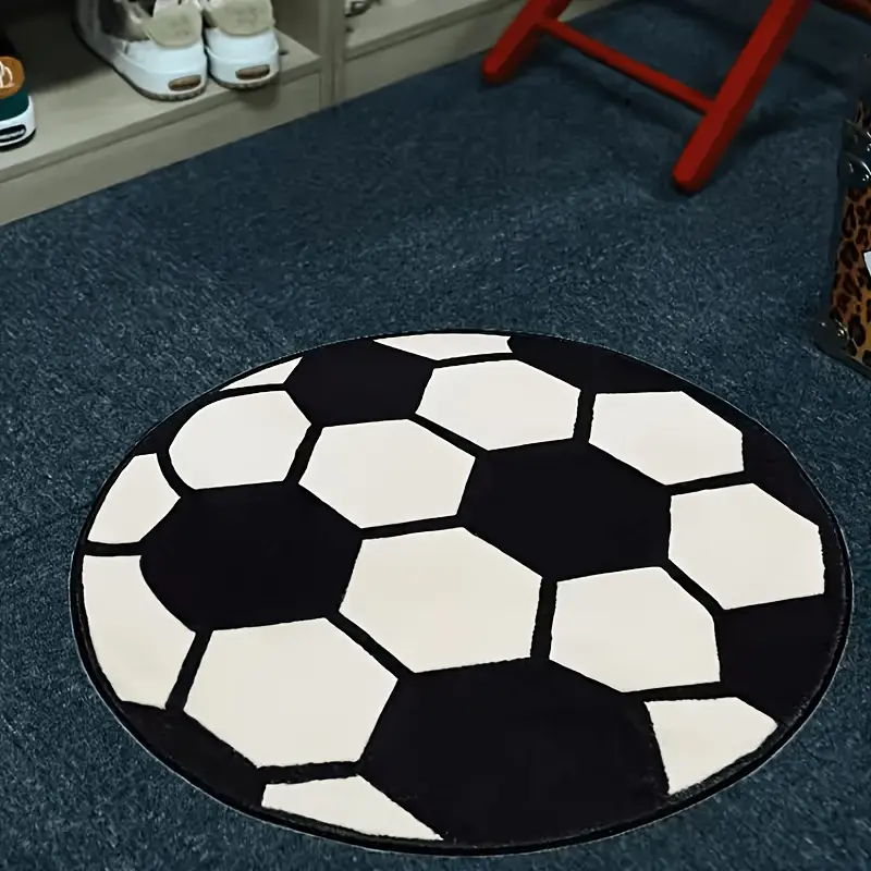 100% Polyester Soft Plush Football Pattern Round Flannel Rug - Black and White, Football Fashion, 100x100 (39x39), Wrinkle Resistant, Machine Washable, Suitable for Bedroom, Kid Room Decor