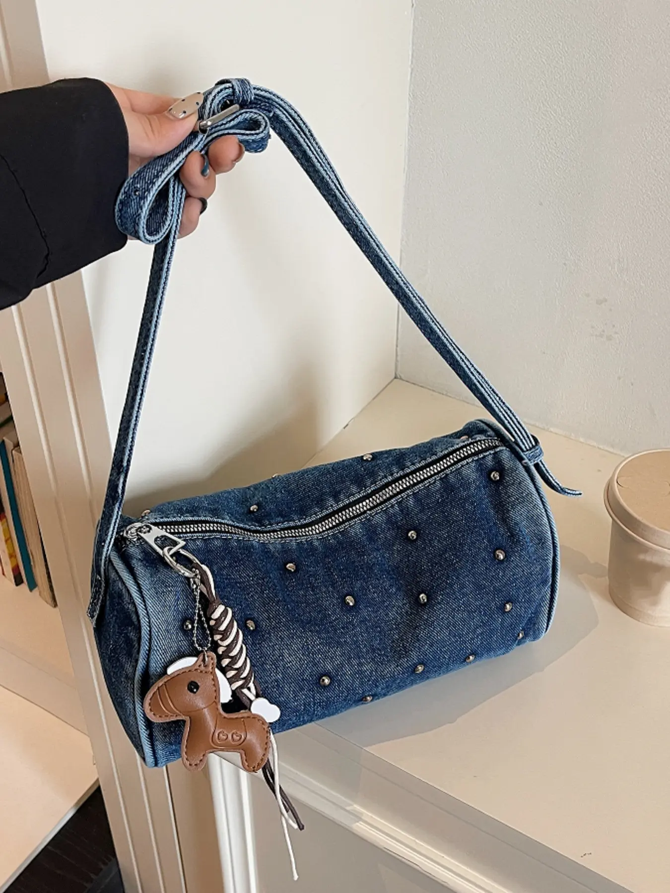 New retro washed denim bag for daily commute, pillow bag with rivet decorations, fashionable lightweight shoulder bag with pony charm crossbody bag, Denim crossbody bags, Denim shoulder purse, Casual trendy bag