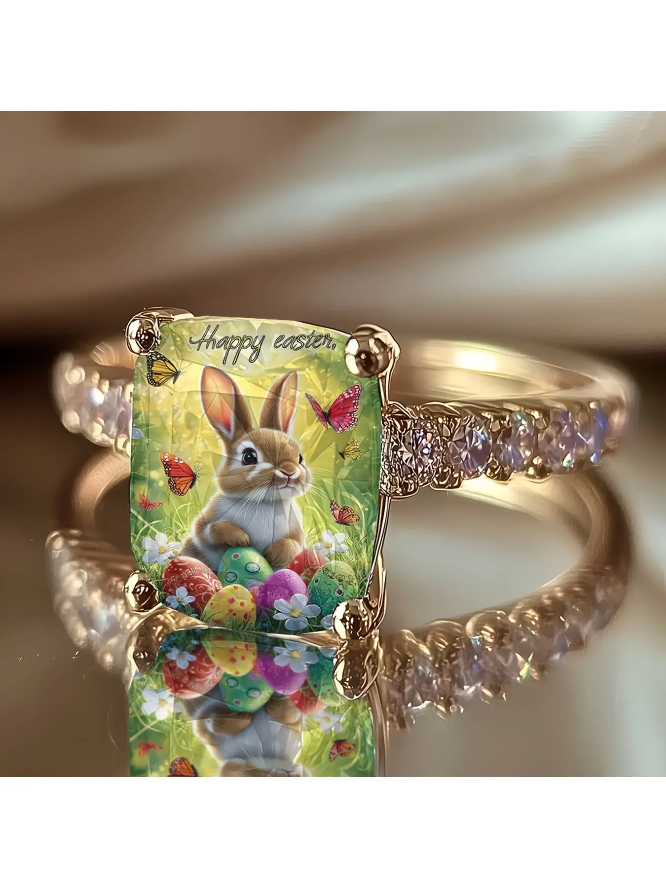 Gold diamond-encrusted square-cut glass ring. Easter bunny colored egg butterfly pattern finger ring. Symbolizing new life, beautiful spring festival atmosphere. Girls' decorative accessory.