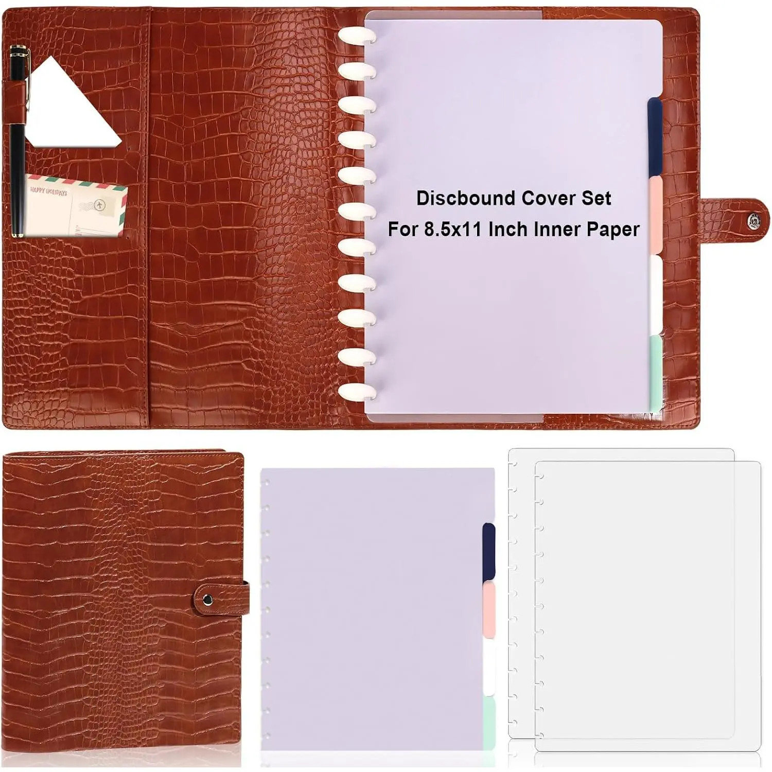 Letter Size PU Leather Discbound Cover Set (8.5x11 in) - Frosted Crocodile Caramel Brown Planner Binder with 5-Tab Colored Index Dividers, 2 Sheets Dividers, Transparent Cover, Storage Pockets for Office