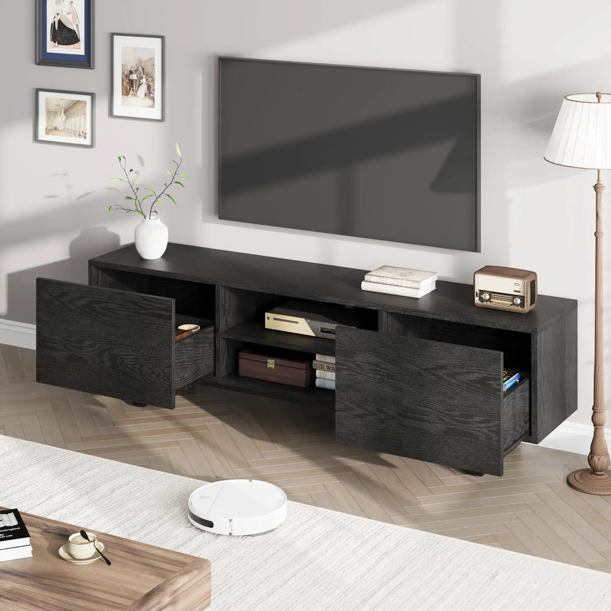 80" Industrial TV Stand – 2 Drawers, Open Storage, Wooden Media Cabinet – Heavy Duty Entertainment Center for Living Room
