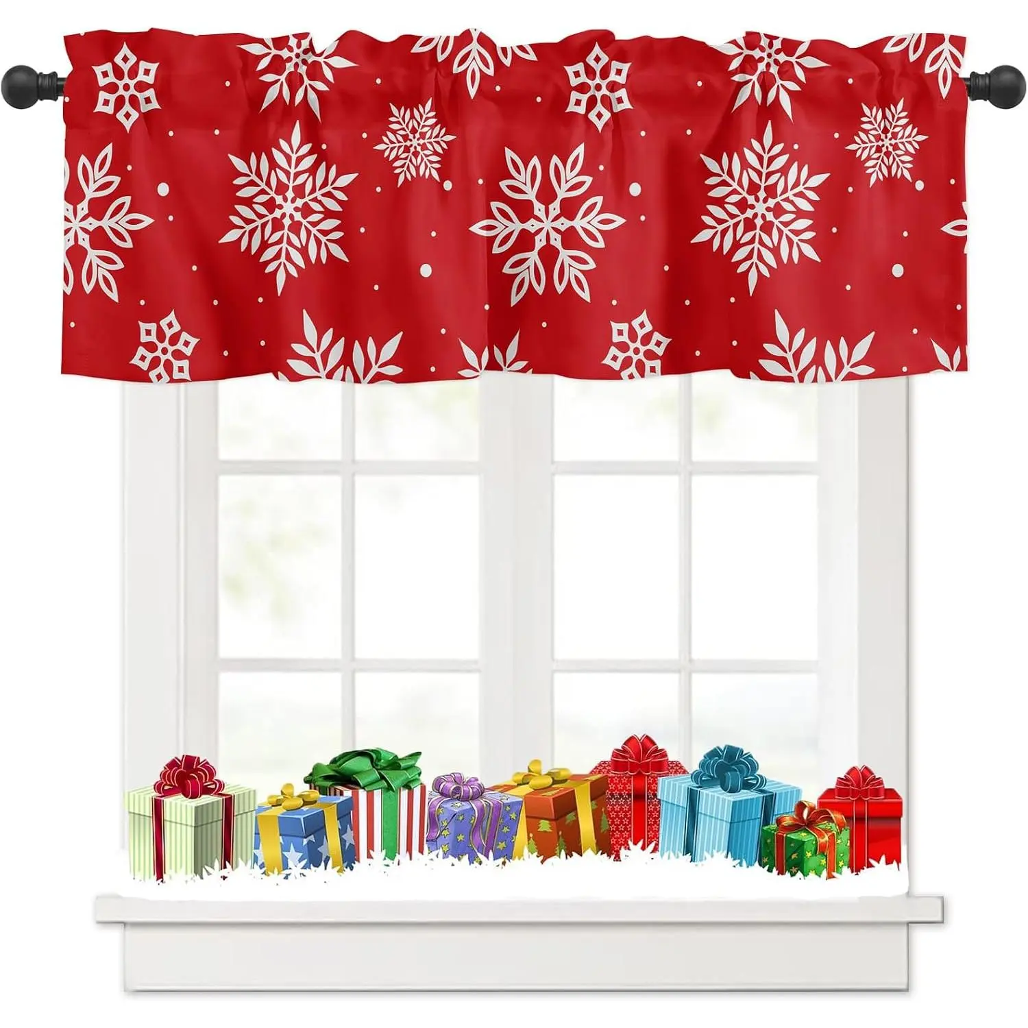 Christmas Window Curtain Valance - Synthetic, 54"x18" 1 Panel, Red Snowflakes Printed Short Rod Pocket, Cold Wash Durable, Blocks Unwanted Light, Do Not Tumble Dry, for Kitchen Bedroom
