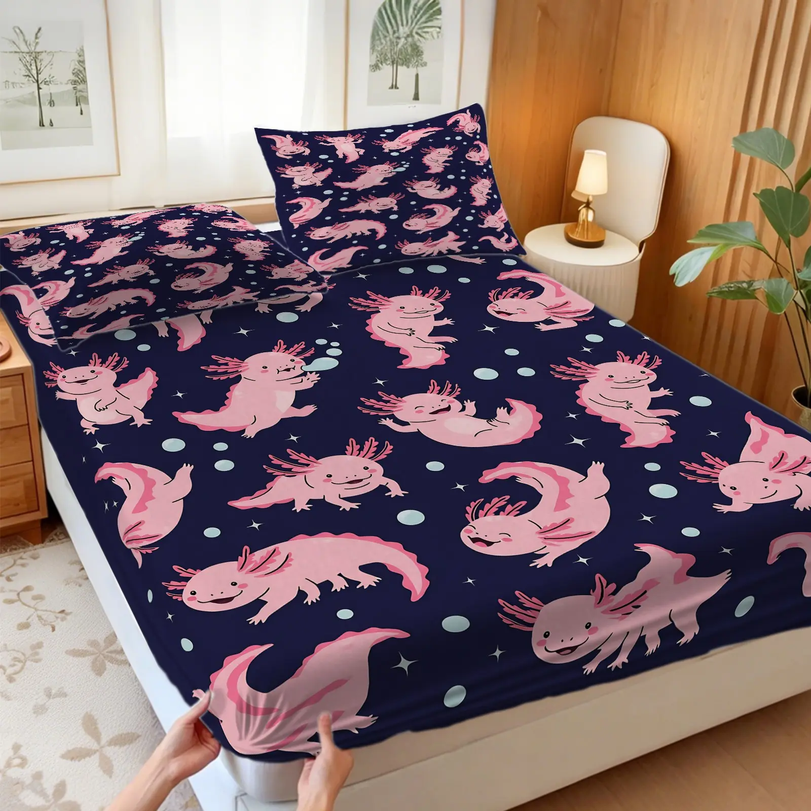 3Pcs Cute Pink Axolotl Starry Pattern Print Fitted Sheet Set, Soft Breathable Bed Sheet Set with No Fillers, This Adorable Bedding Set Creates Dreamy Whimsical Vibe for Axolotl Lovers & Kids, Ideal for Bedroom, Dorm & Guest Room Decor Bedsheets