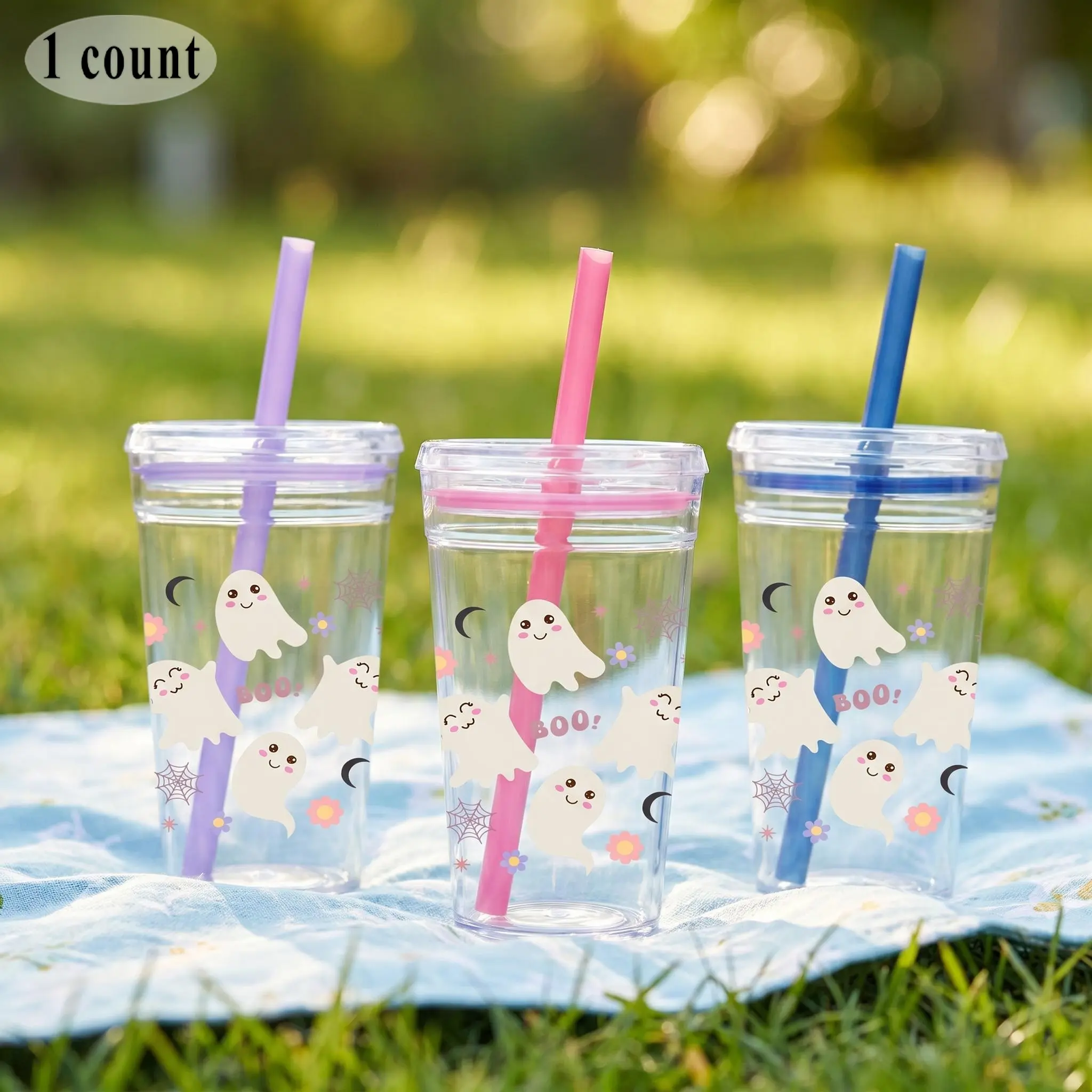 1pc/16oz/500ml/Clear Cold Tumbler,Plastic Coffee Cup With Straw,Water Bottle,Whimsical Halloween Ghost Spiderweb Star Moon Pattern Autumn Festive Holiday Gift Home Decor,Suitable For Summer,Beach,And Gatherings