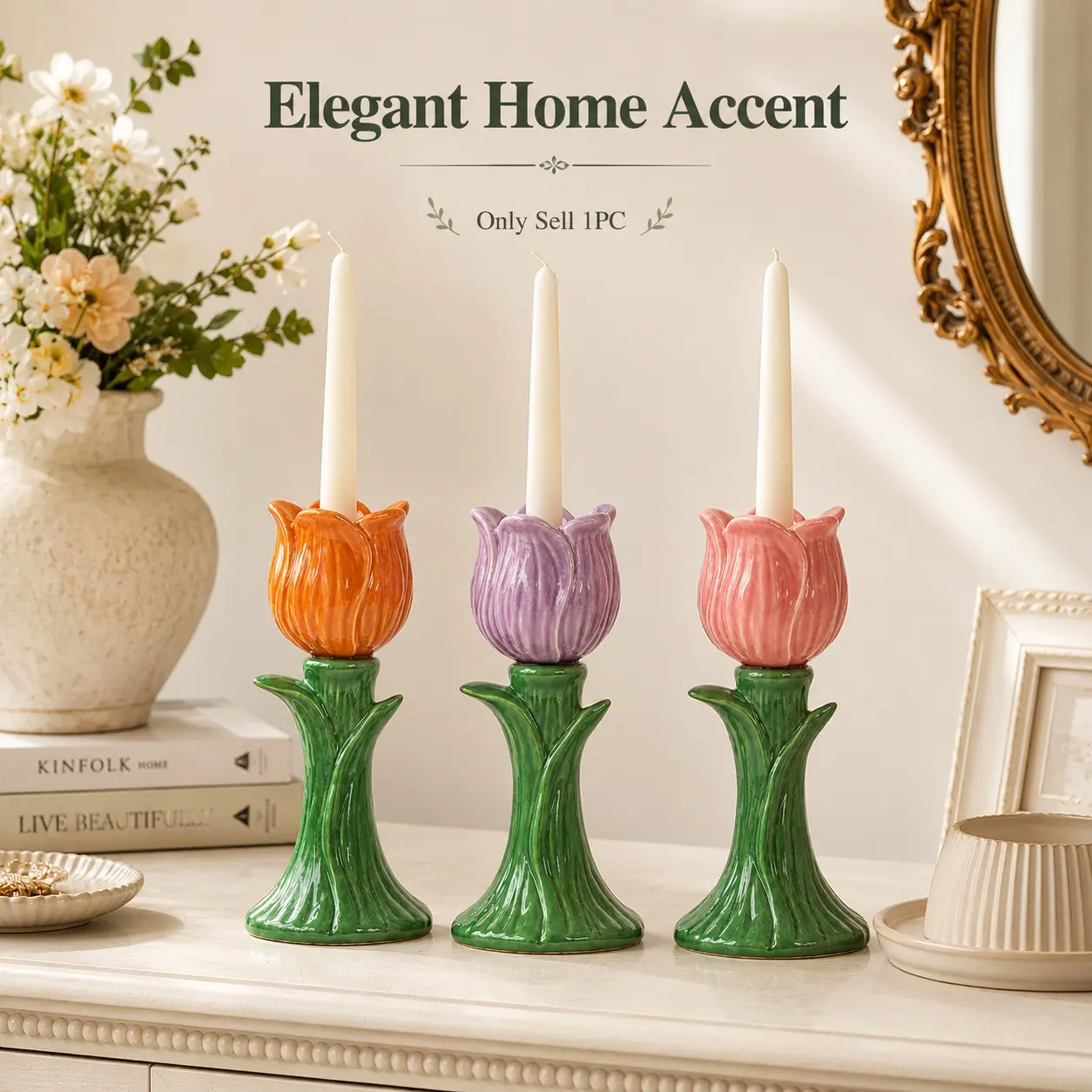 Tulip Ceramic Candle Holder, Flower Shape High Gloss Glaze Candle Stand, Colorful Decorative Candle Holder, Home Desk Centerpiece, Living Room Bedroom Dining Room Decoration, Candlestick Holders