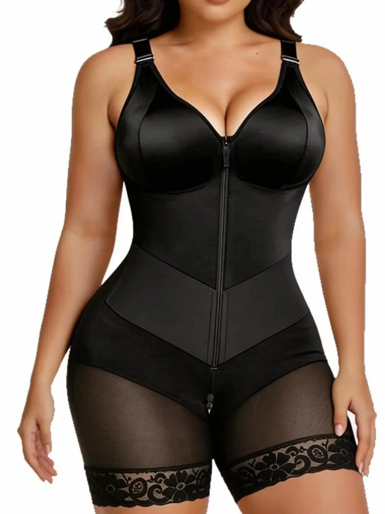 1 Count Women's Shapewear, Tummy Control Garments, Zipper Closure, Adjustable Shoulder Strap, Lace Trim, Breathable, Butt Lifting and Tummy Control Shapewear