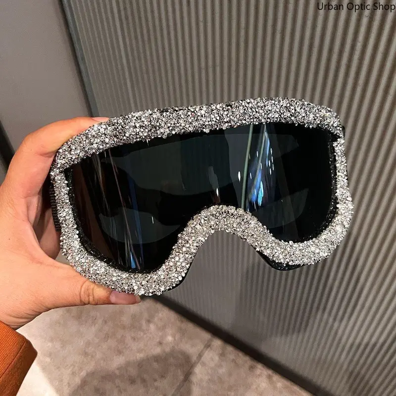 Oversized Rhinestone Ski Goggle Sunglasses Dark UV400 Lens Adjustable Strap Festival Shades, Peppy, Glamorous, Romantic