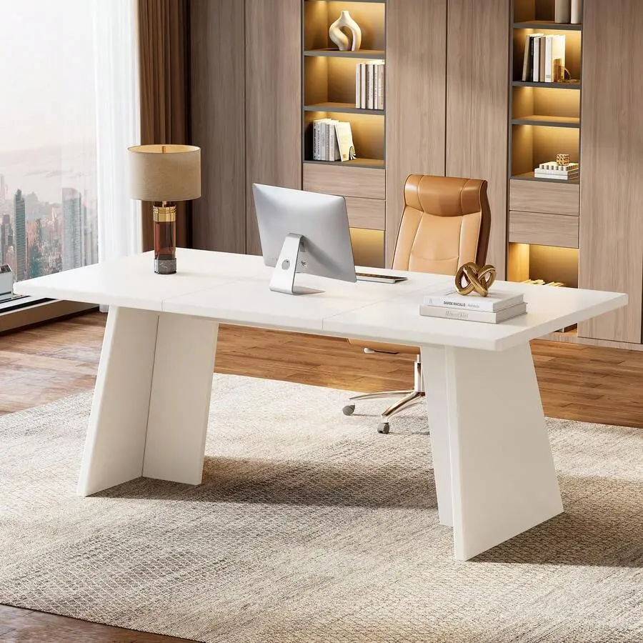 White Executive Desk, 63" Large Office Computer Conference Meeting Table With Wooden Robust Pedestal, Modern Workstation Business Furniture Home Office