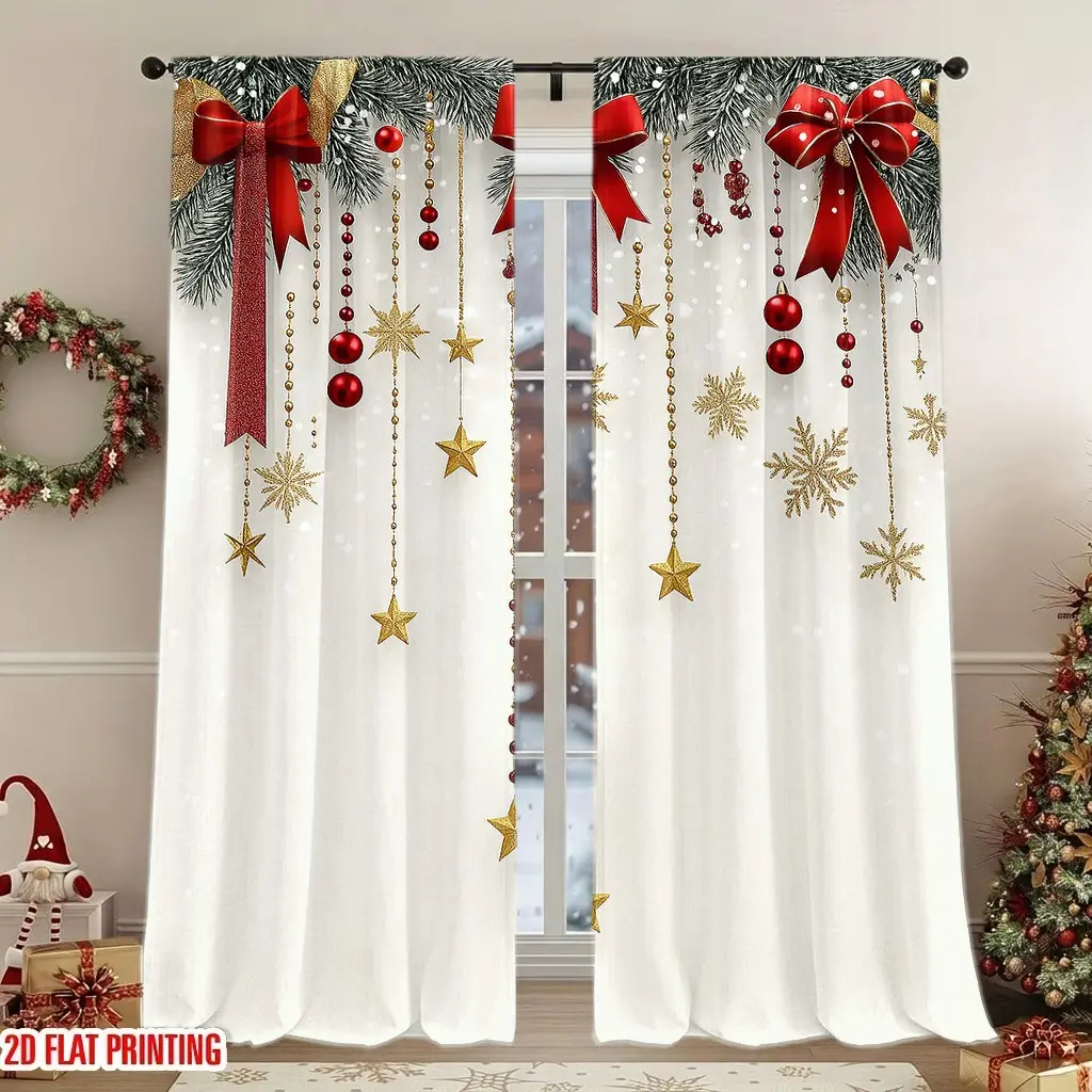 2Pcs 2-piece, festive Christmas holiday decor curtains with red bows, golden stars, snowflake ornaments, digital printing, light filtering, privacy protection, for living rooms, bedrooms, occasions, home decor, Curtain Panels.