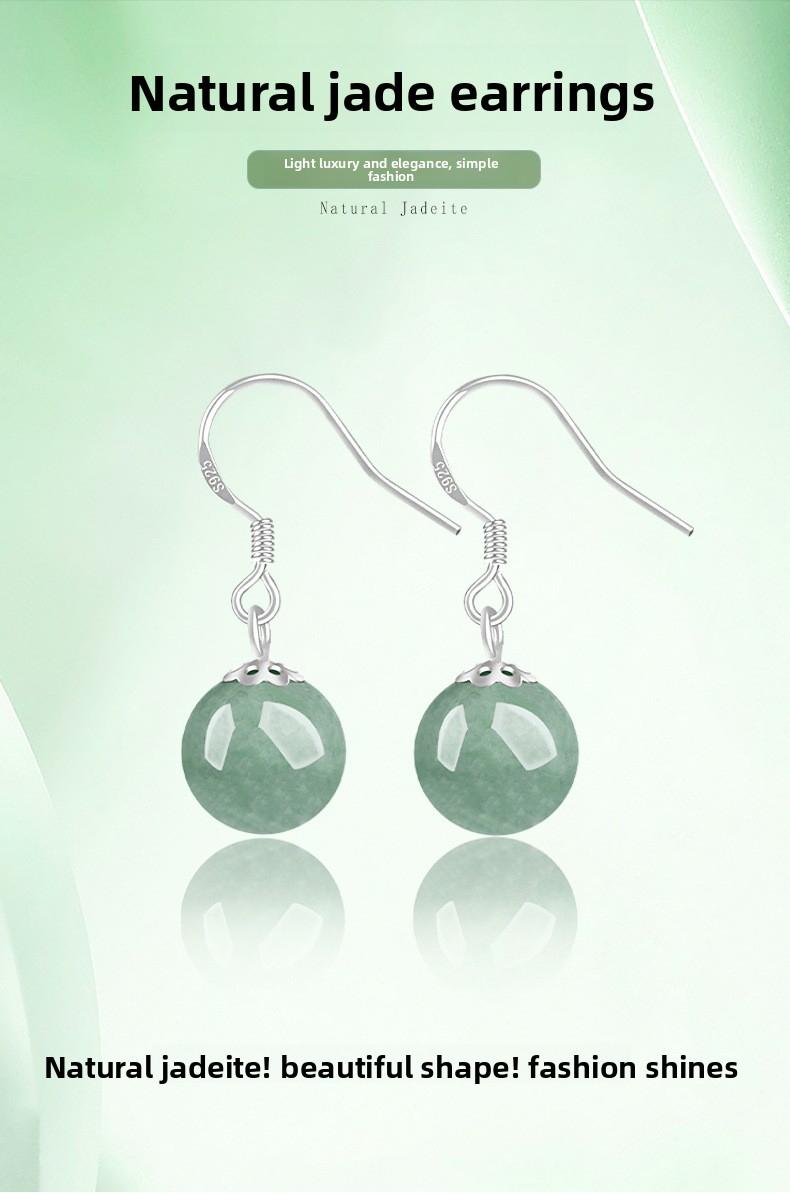 Natural A-grade jade emerald green round bead earrings S925 silver inlaid jade fashionable women's earrings and earrings with ethnic style