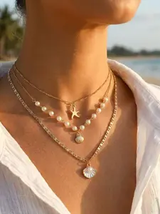 Layered Necklace with Starfish Shell Pearl Pendant, Versatile Lockbone Chain for Women, Beach Vacation Jewelry
