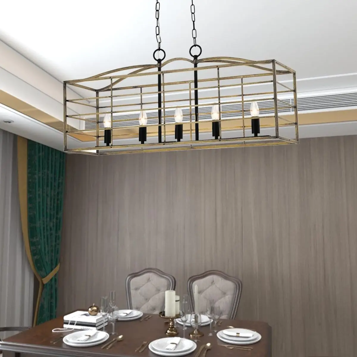 5 Lights Chandelier, Farmhouse Rectangular Pendant Light, Rustic Hanging Light Fixture, Adjustable Chain for Living Room, Dining Room, Kitchen Island, Wood Grain & Black