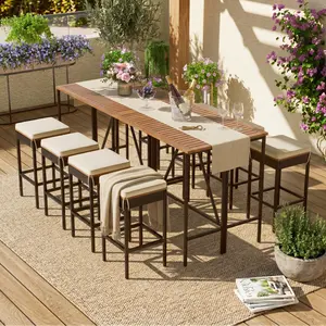 Aobtkel®GO 10-Piece Outdoor Acacia Wood Bar Height Table And Eight Stools With Cushions, Garden PE Rattan Wicker Dining Table, Foldable Tabletop, High-Dining Bistro Set, All-Weather Patio Furniture, Brown    RR