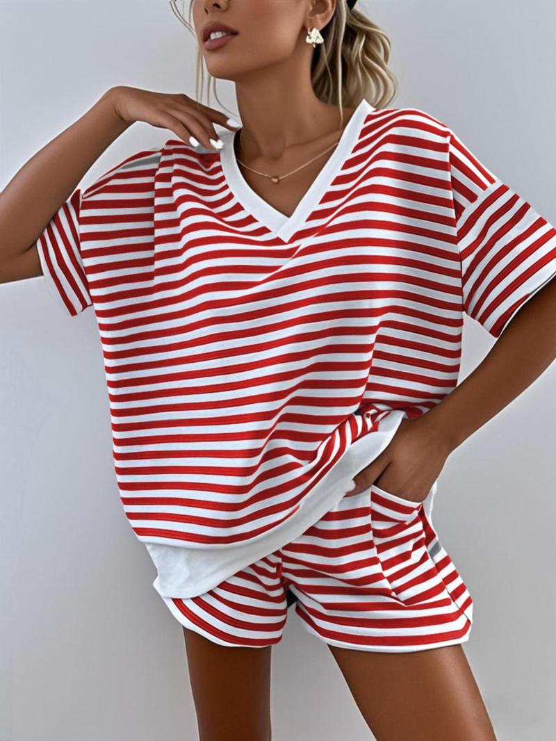 Women's Striped Print V Neck Tee & Shorts Loungewear Set, Casual Comfy Short Sleeve T-shirt & Shorts Set, Ladies Sleepwear for Summer Pajama Set