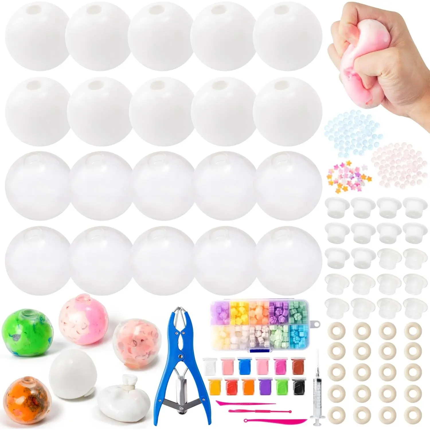 28Pcs Stress Ball Skin Kit - DIY Hollow Rubber Shells Inculde 10 Clear and 10 White, with Caps, Glue & Tools, Sensory Fidget Supplies for Anxiety Relief & Stress Balls Making