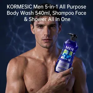 KORMESIC Men 5-in-1 All Purpose Body Wash 540ml, Shampoo Face & Shower All In One, Panthenol Camellia Extract Hydrating, Deep Clean Oil Control Anti-Odor, Easy Foam No Residue, Long Lasting Ocean Scent For Daily Sports Male Full Body Care