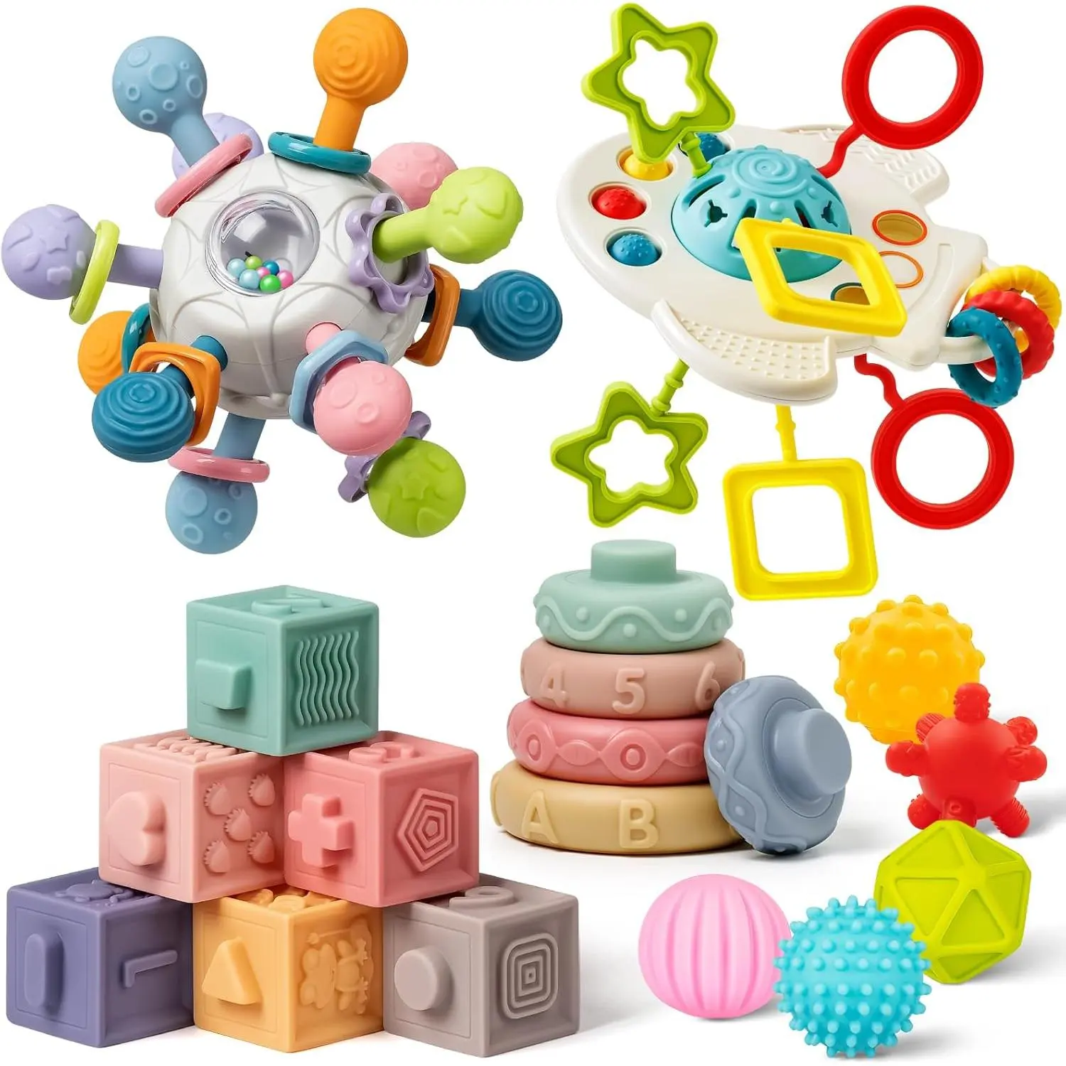 Baby Toys 6 to 12 Months, 5 In 1 Montessori Toys for 1 Year Old, Incl Travel Pull String Toy & Rattle Teether & Stacking Baby Block & Soft Infant Ring & Sensory Ball for Toddler 0-3-6-9-12 Monthfidget toys