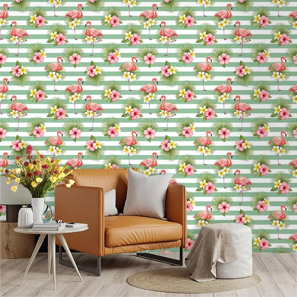 Tropical Island Style Wallpaper, Flamingo, Bougainvillea, Hibiscus, Palm Leaf, PVC, Mould-Proof, Kitchen/living Room/bedroom Decor