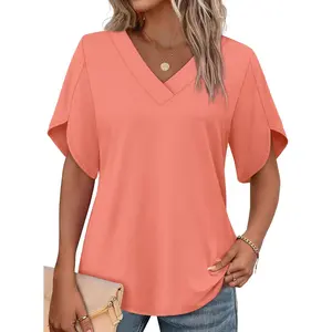 Women Summer Tops Short Petal Sleeve Shirts Fashion V Neck Clothing
