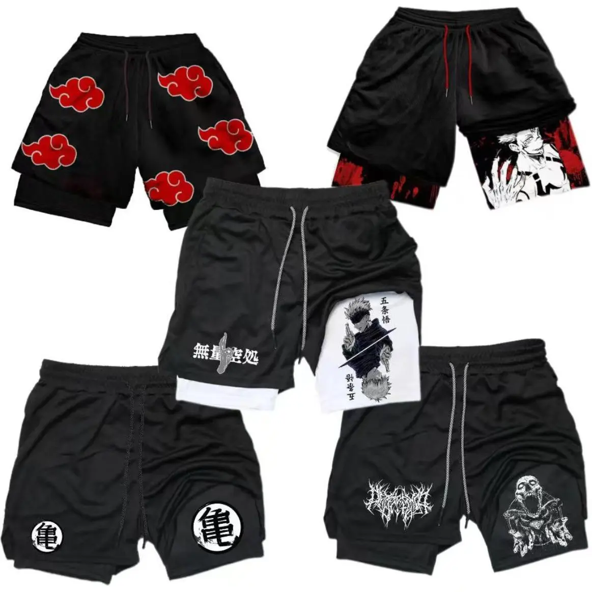 Anime Inspired Hunter Style 2 In 1 Running Shorts For Men And Women, Unisex White Black Graphic Athletic Shorts, Quick Dry Compression Liner Gym Workout Shorts, Y2K Streetwear Summer Activewear