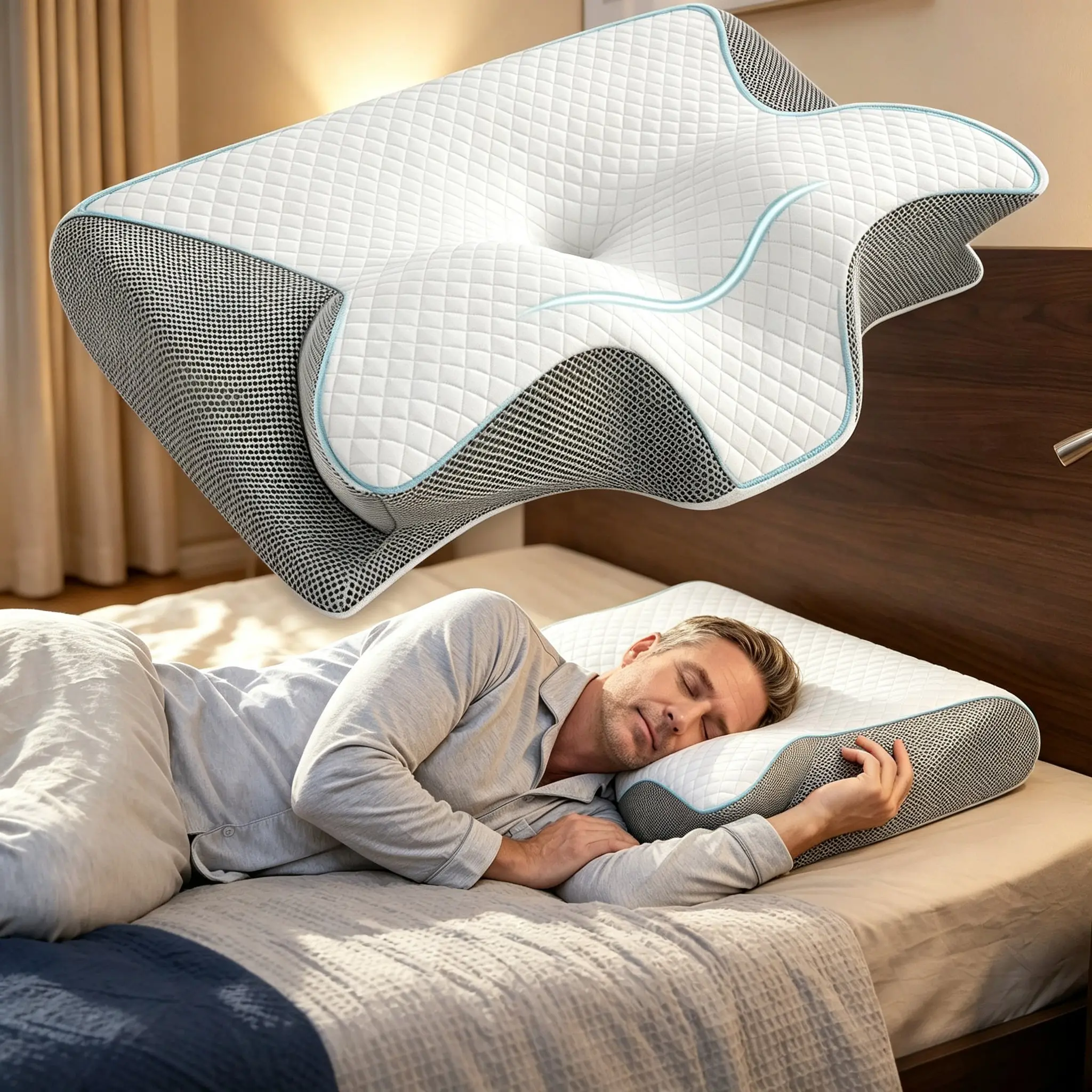 Ergonomic Memory Foam Neck Support Pillow, 2-in-1 Contoured Orthopedic Pillow Relieves Cervical Pain, Comfort Support Pillow for Side Back & Stomach Sleepers