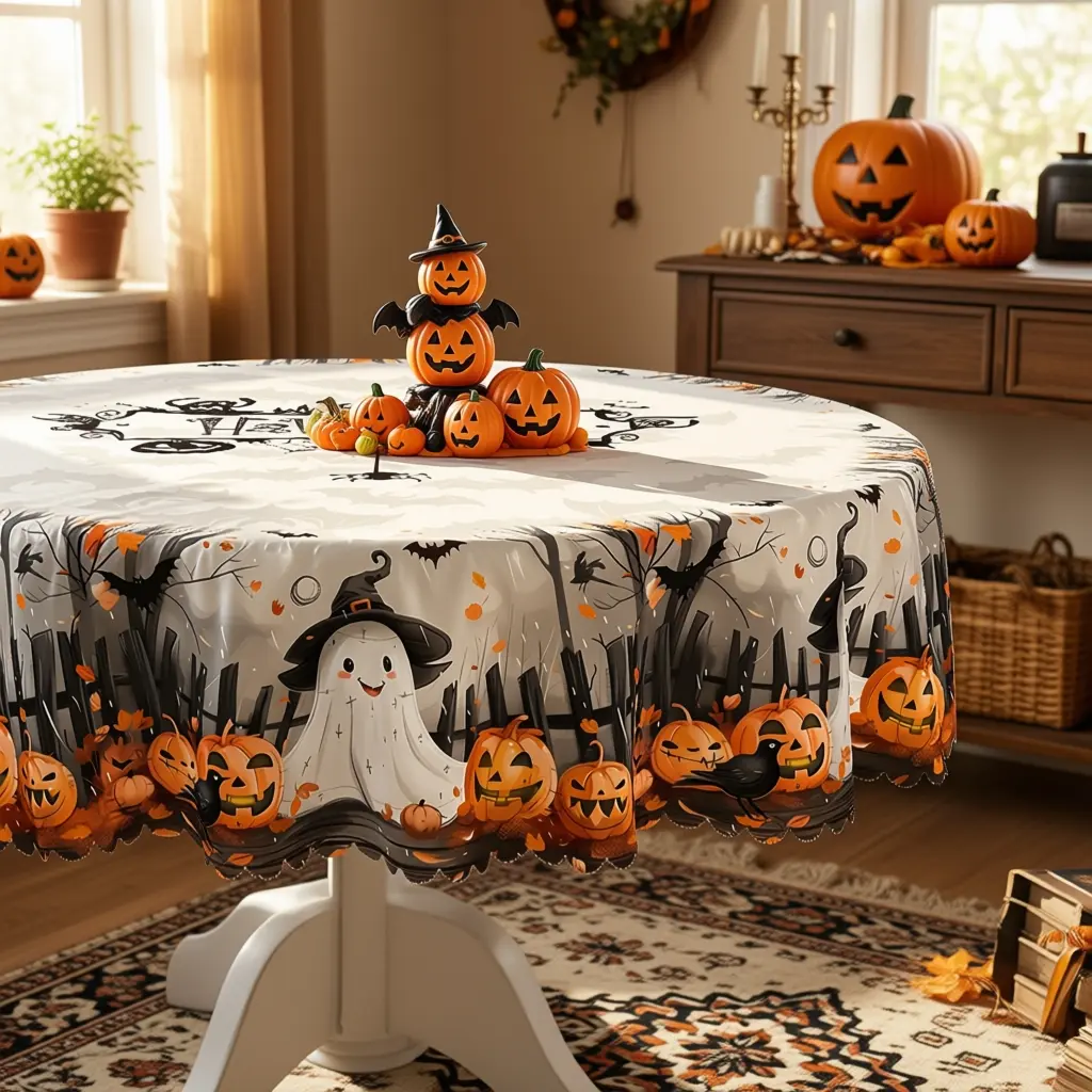 Halloween Polyester Table Cover - 60in Multiple Shapes (Round, Rectangular, Oval) with Black Cats Ghosts Pumpkins Bats Moonlit Spooky Motif Print, Haunted Night Theme, Machine Washable, Clearance for Parties Dining Rooms, Polyester Clothing, Indoor Hallow