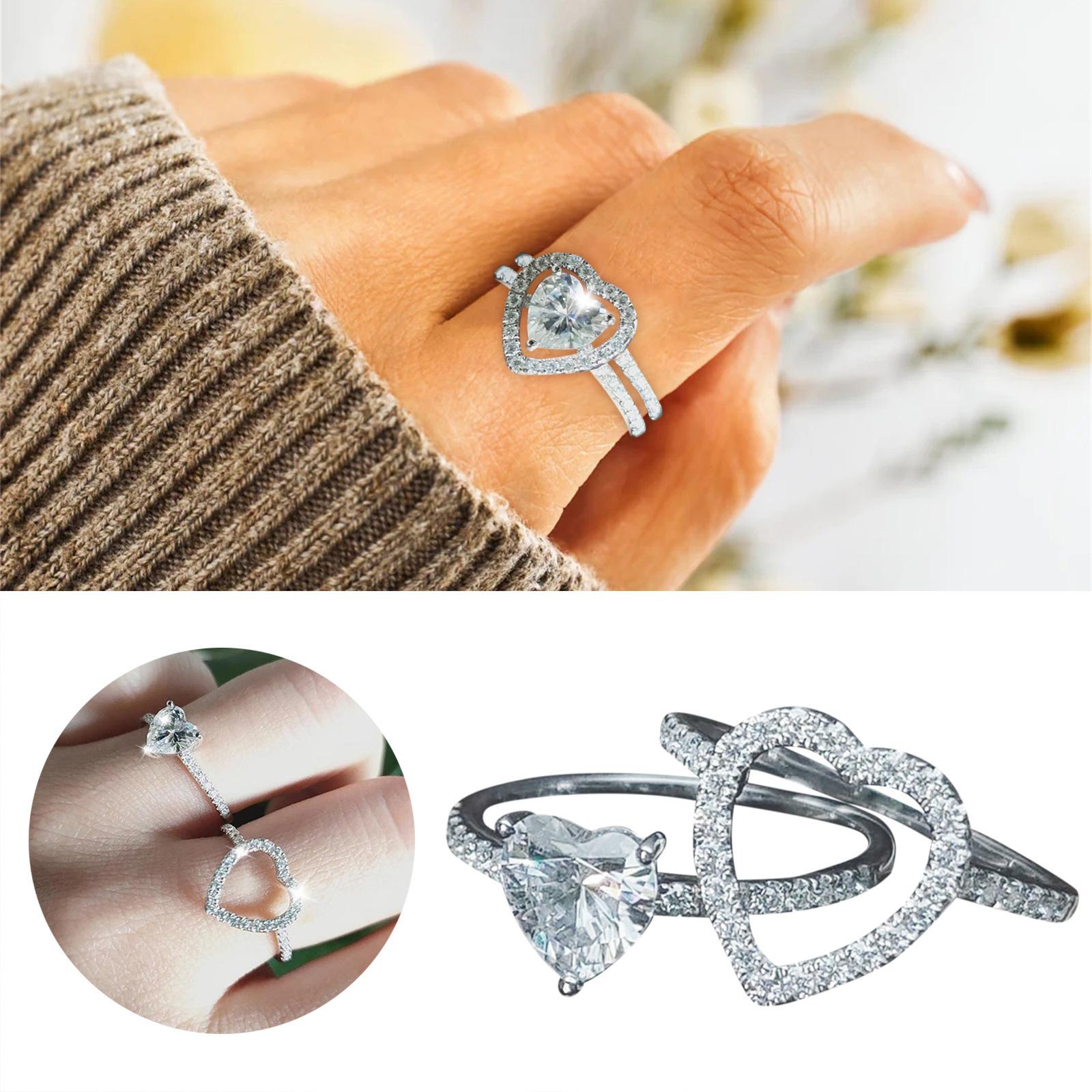 Unique Zircon Heart-Shaped Multifunctional Ring Set with Diamonds, Women's Ring Gift for Wedding Anniversary or Birthday