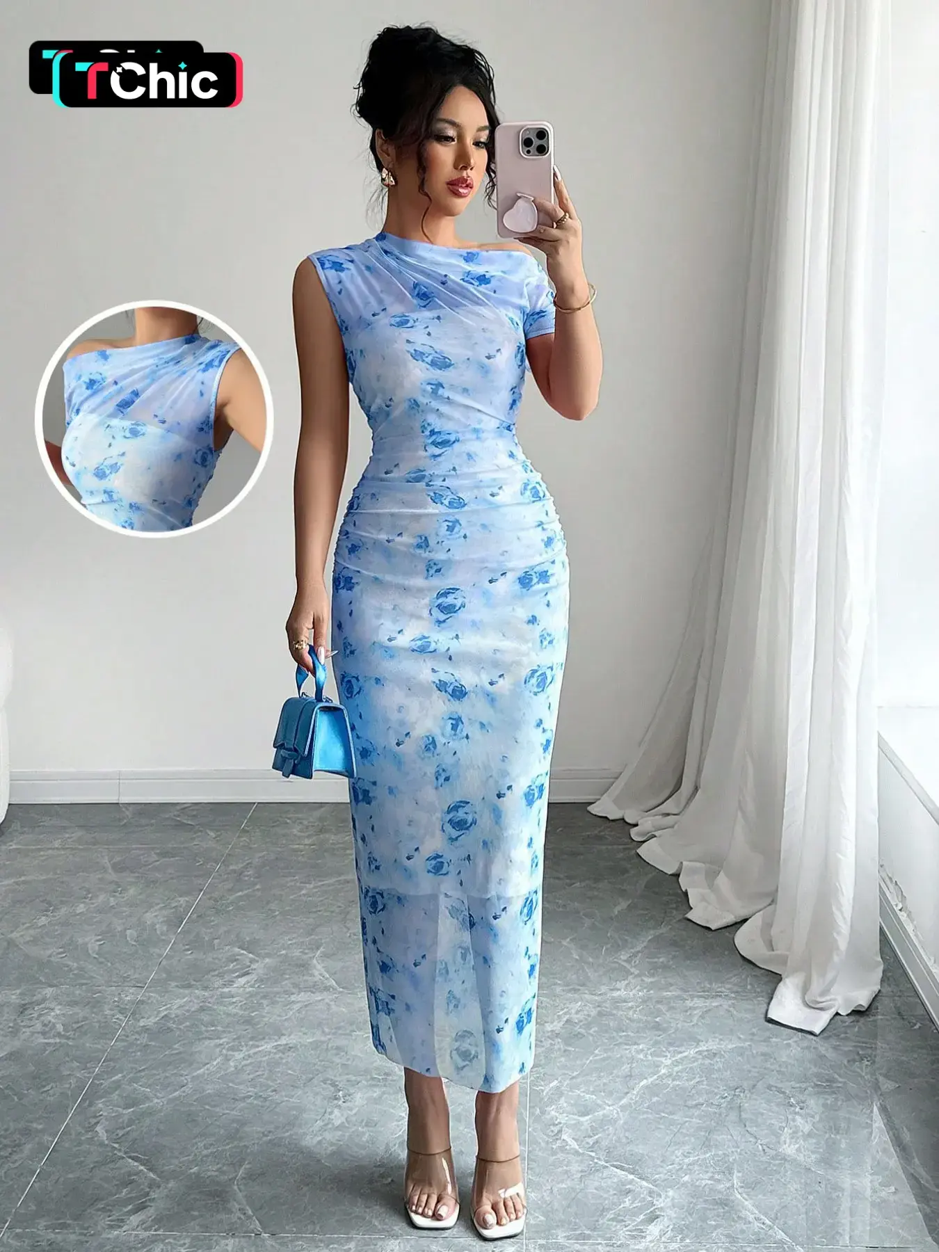 New Summer French Style Peach Tie-Dye Print One-Shoulder Women Womenswear Dress, Waist-Cinch Slim Fit Bodycon Pencil Skirt, Pure Desire Long Dress