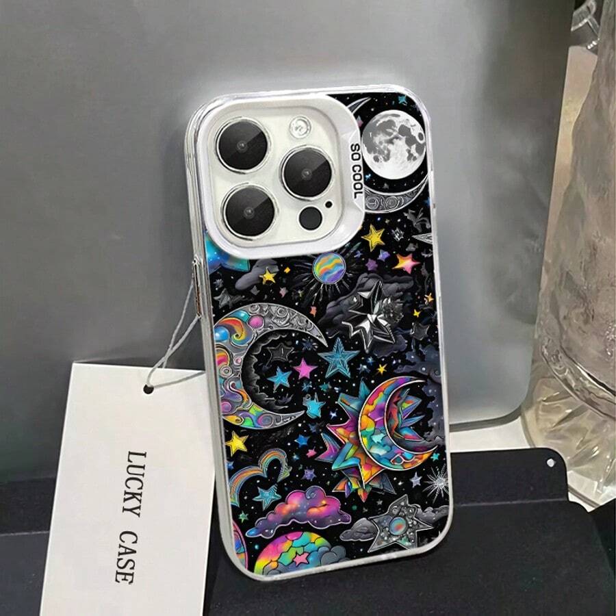 Rainbow Celestial Star Moon Galaxy Phone Case for iPhone 16 15 14 13 12 11 XS Max X XR 8 7 Plus, Purple Frame Witchy Aesthetic Shockproof Anti-Drop Protective Cover, Dreamy Psychedelic Starry Sky Trendy Phone Accessory, Ideal Birthday Holiday Gift, Smartp