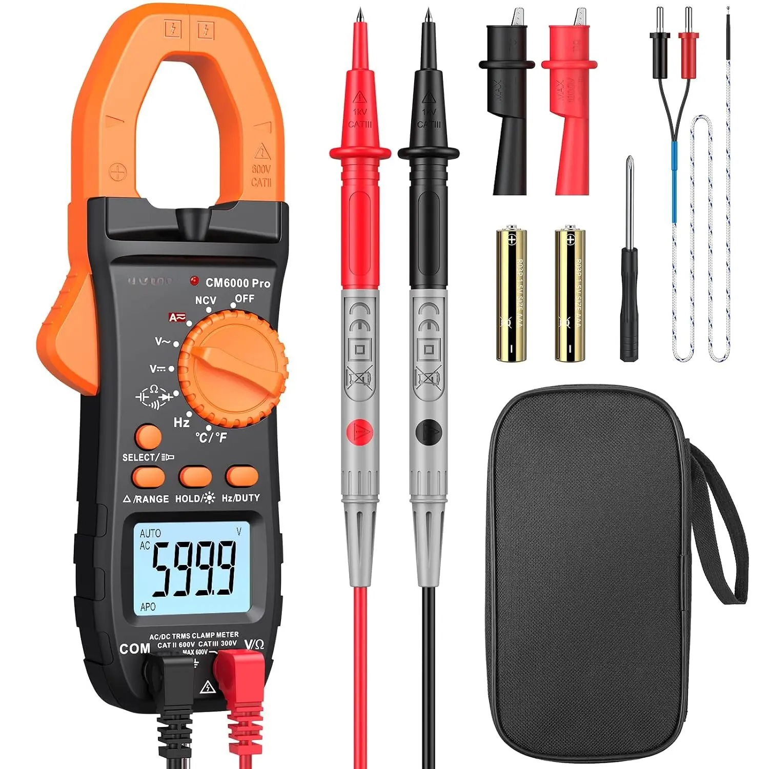 6000 Count Clamp Meter 800A Amp Tester TRMS NCV Multimeter Kit |  Current/ Ω C Freq Diode Continuity 28mm Jaw Opening Backlit LCD Auto-range with Test Leads,  Clips