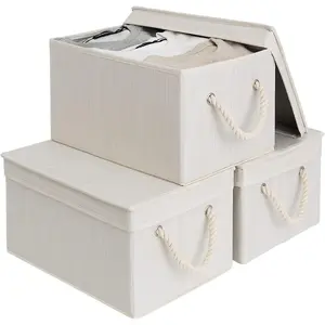 Storage Bins with Lids, Decorative Storage Boxes with Soft Rope Handles, Foldable Stackable Storage Baskets for Closet, Shelves, 3-Pack, Ivory and White, Large